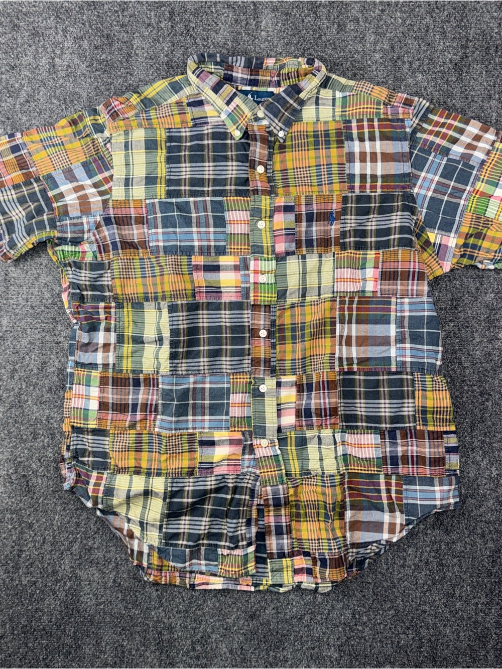 Ralph Lauren Shirt Mens XL Multicolor Patchwork Madras Short Sleeve Button Front